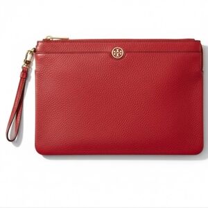 Tory Burch Emerson XL Zip Top Pouch Pebbled Leather Wristlet Clutch